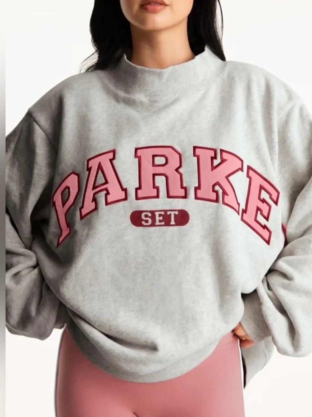 PARKE x Set Active Varsity Mockneck Sweatshirt Patch Logo Oversized Gray Pink
